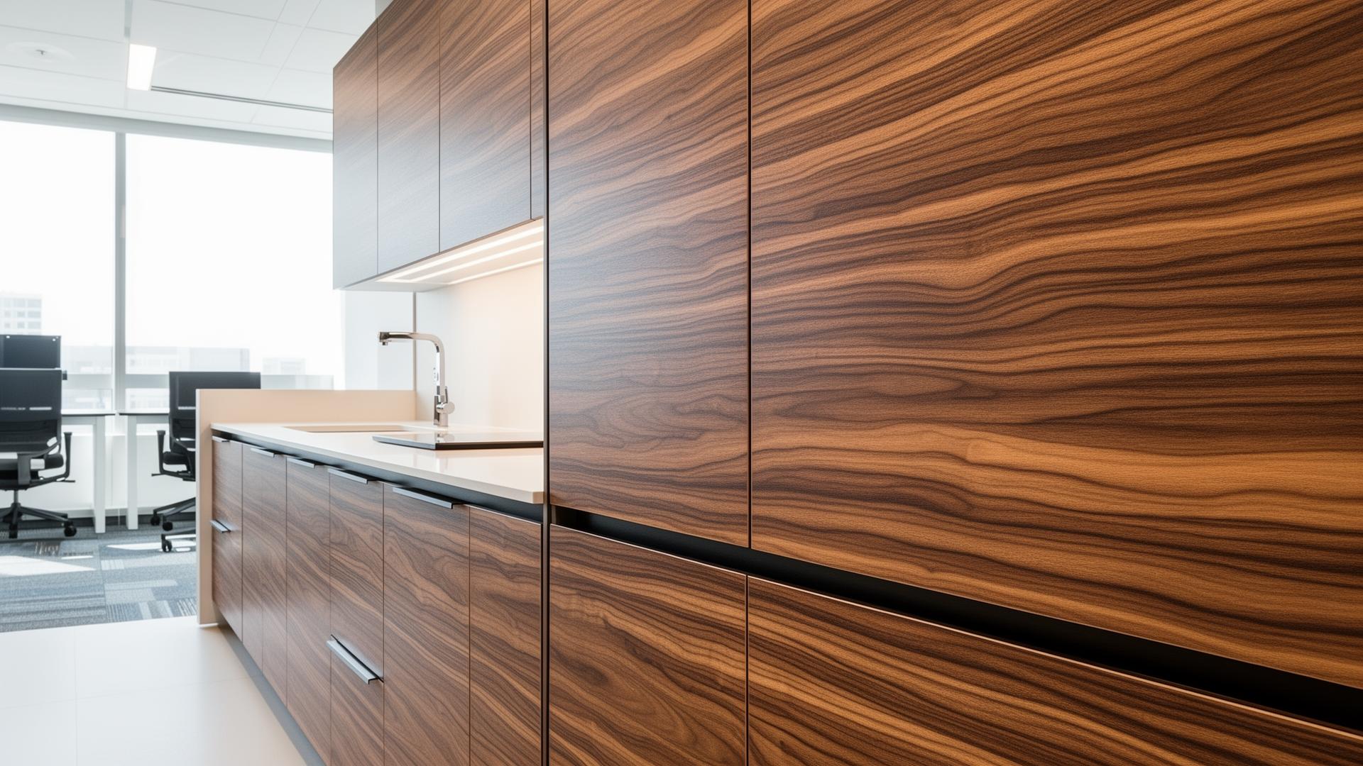 3M DI-NOC architectural film with wood grain finish on modern office cabinets in Los Angeles