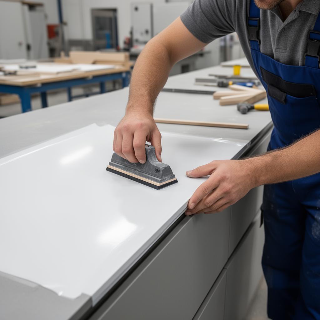 Professional installer applying 3M DI-NOC architectural film to cabinet surface