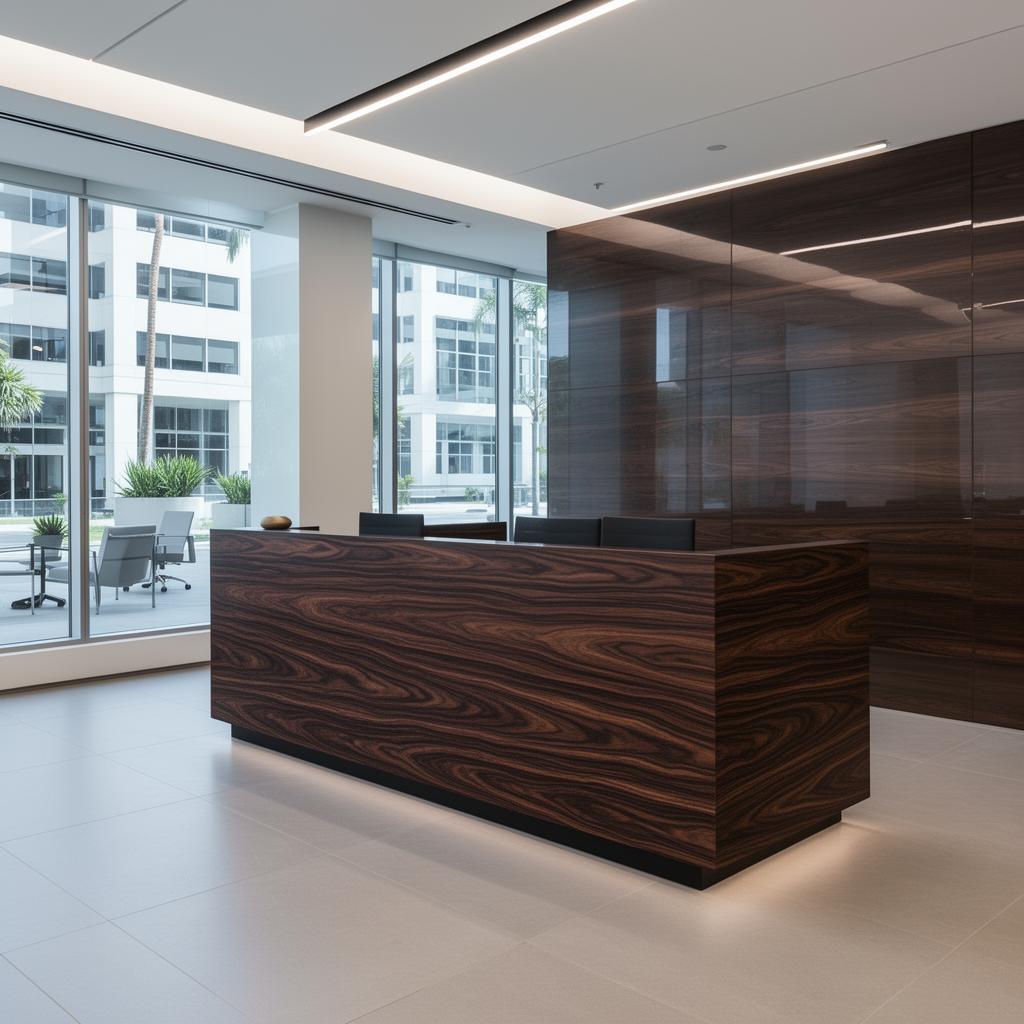 Modern commercial office lobby with DI-NOC wrapped reception desk in Los Angeles