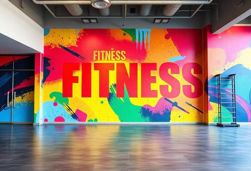 Colorful wall mural graphic in Los Angeles fitness studio lobby