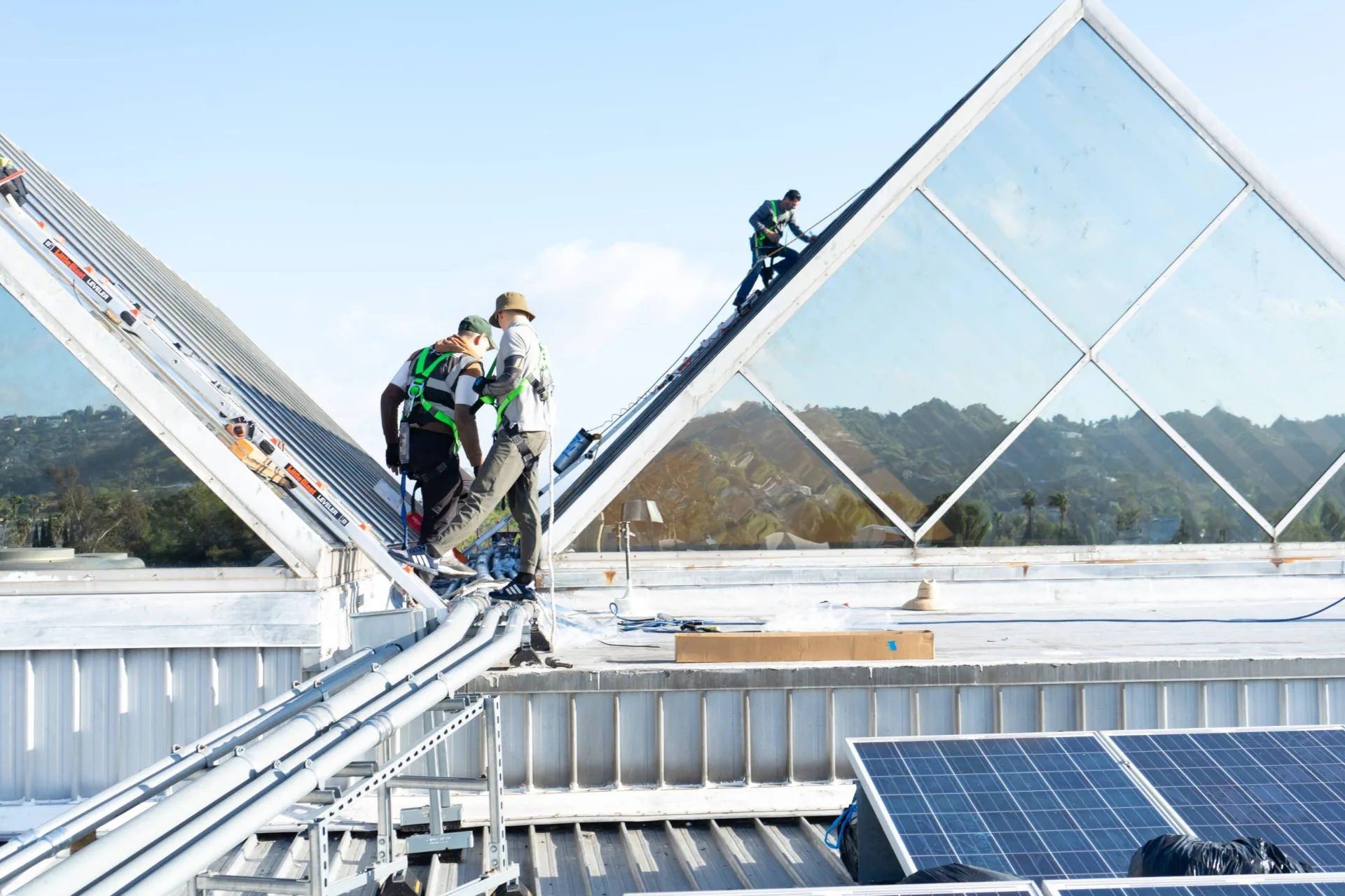 Professional team installing window film on large commercial skylights with safety harnesses