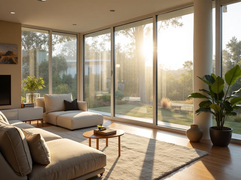Living room with solar control window film - comfortable interior despite bright sunlight