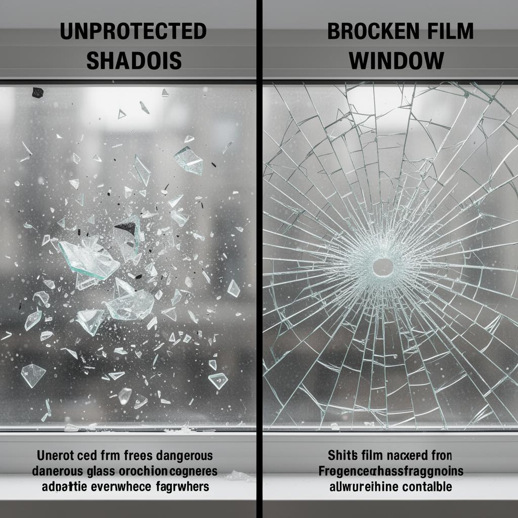 Comparison showing unprotected glass shattering into dangerous fragments versus security film holding broken glass together