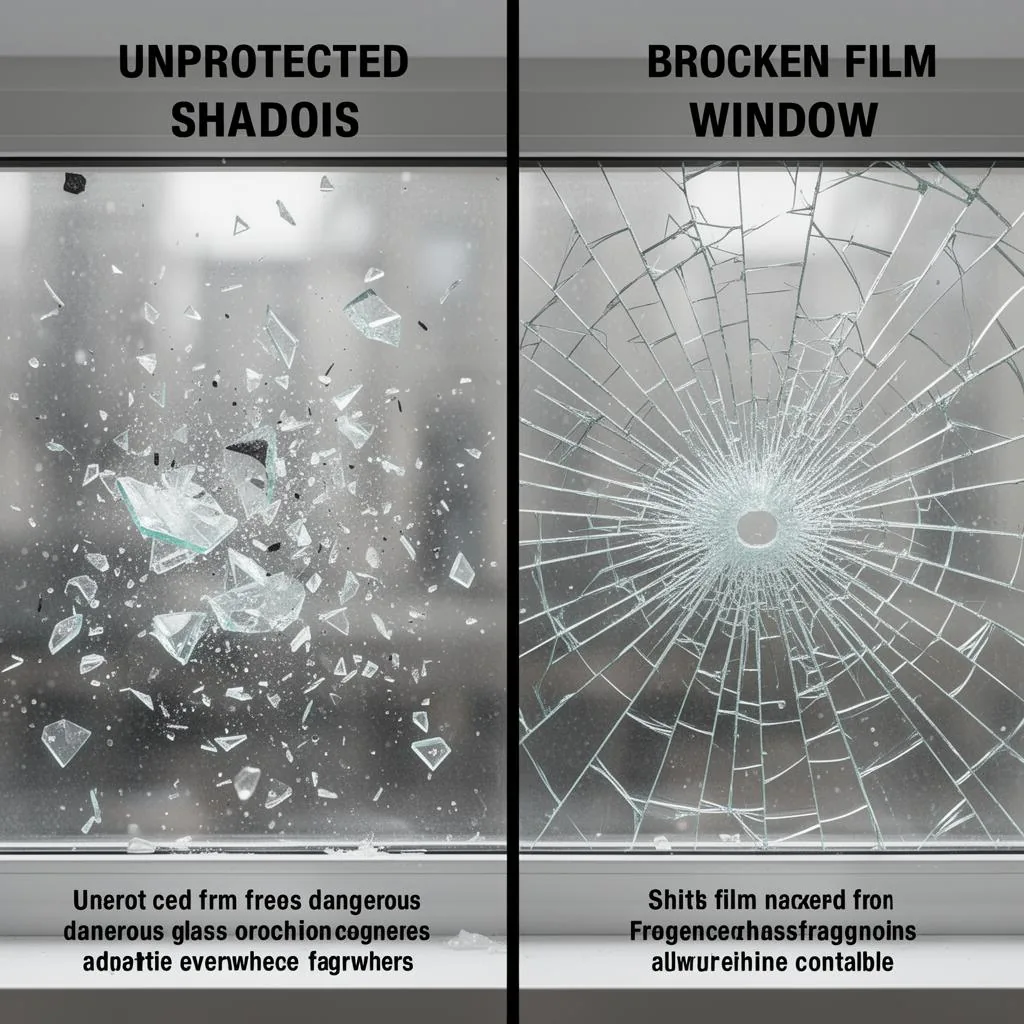 Comparison showing unprotected glass shattering into dangerous fragments versus security film holding broken glass together