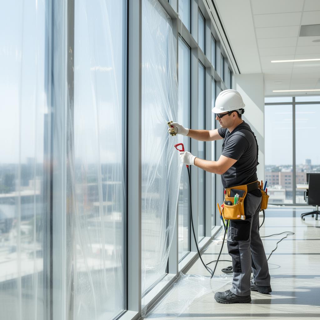 Professional installer applying security window film to commercial office glass