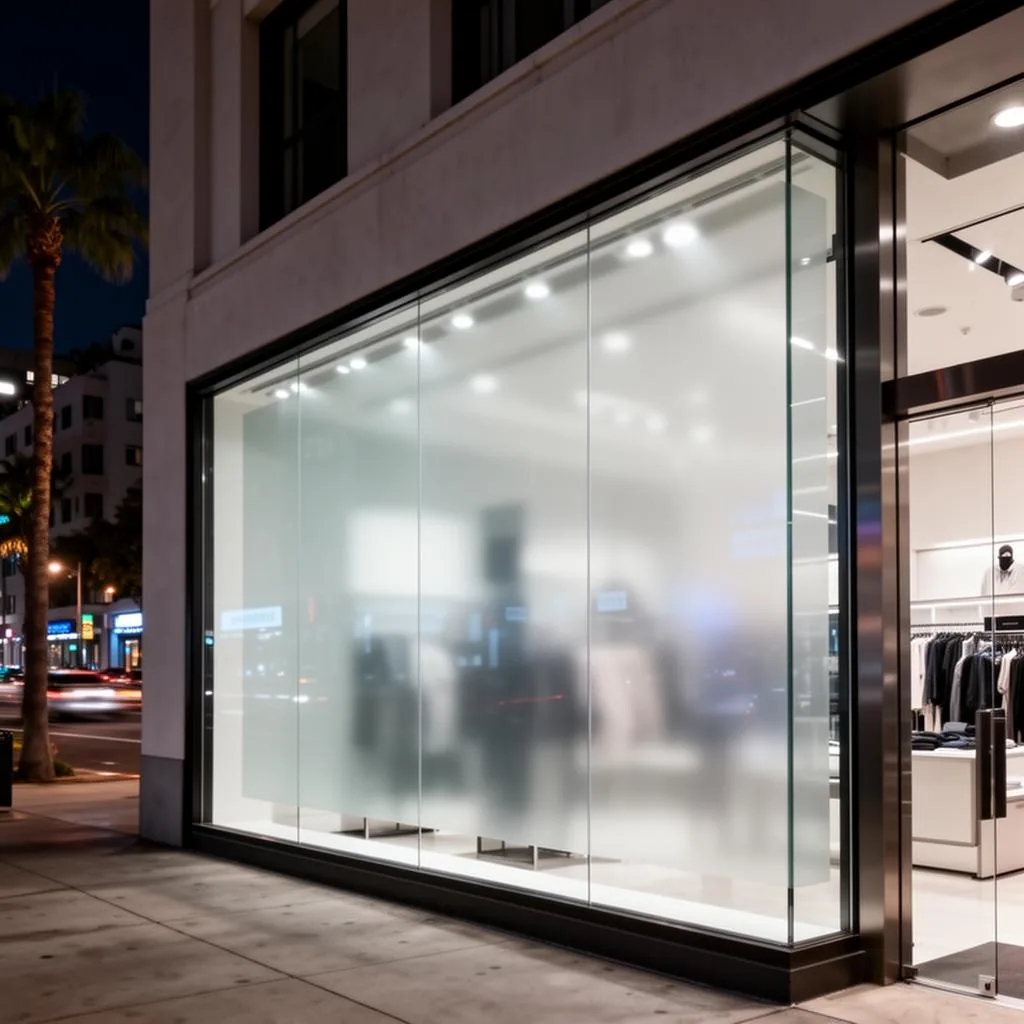 Los Angeles retail storefront with security window film applied — clear glass with invisible protection at night