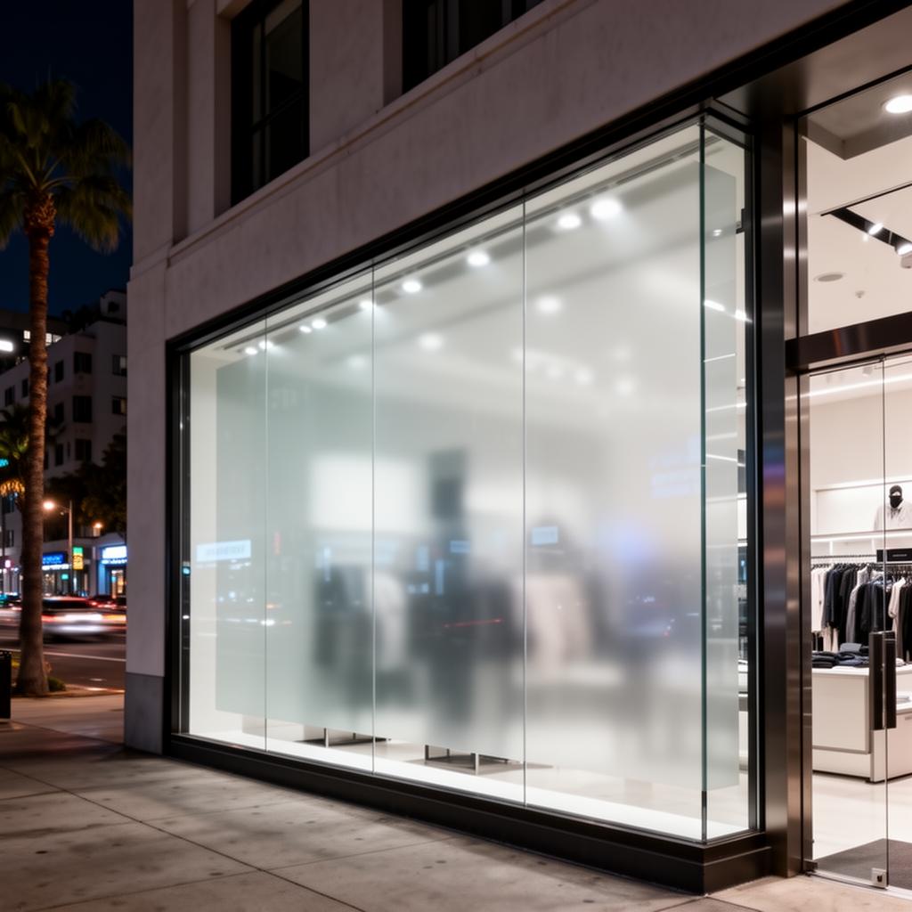 Los Angeles retail storefront with security window film applied — clear glass with invisible protection at night