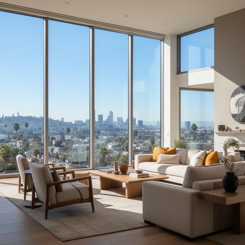 Modern Los Angeles living room with solar control window film, bright natural light without harsh glare