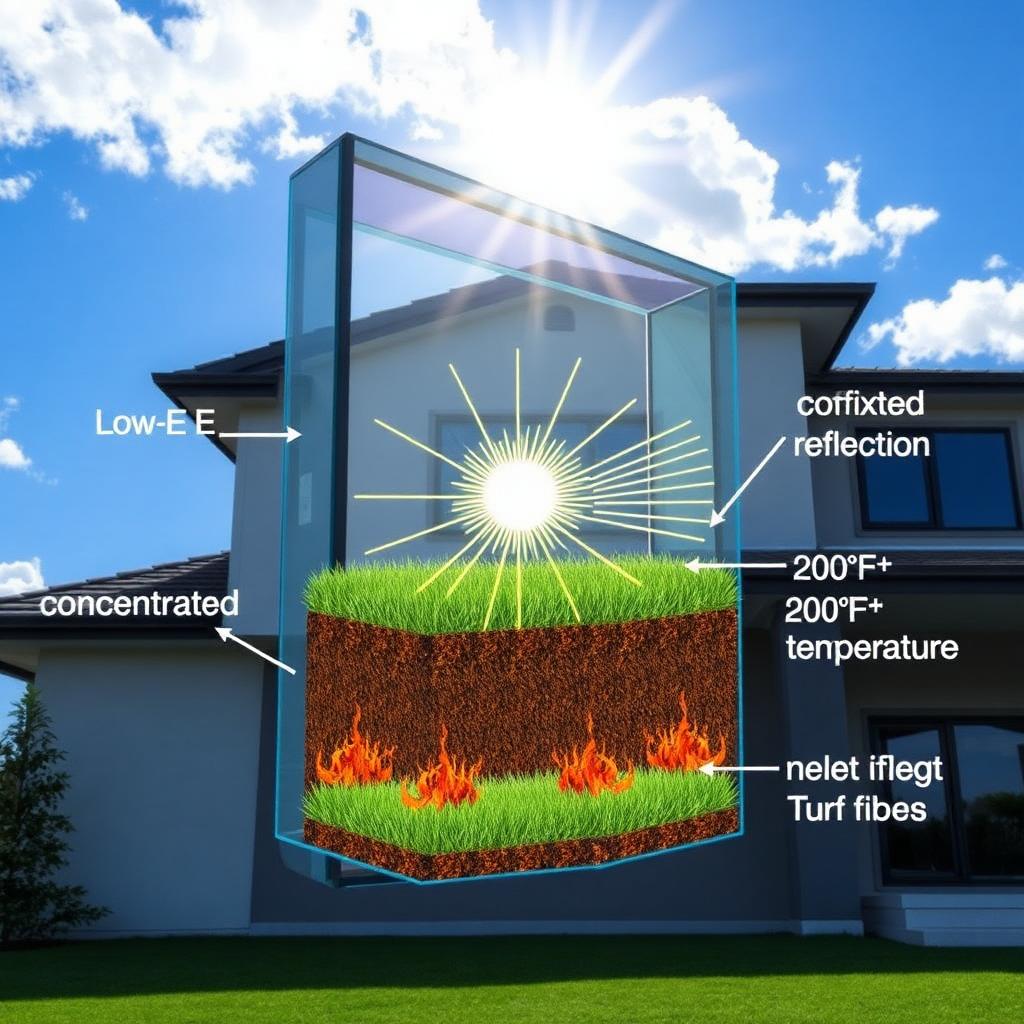Diagram showing how Low-E window glass concentrates sunlight and melts artificial turf in Los Angeles