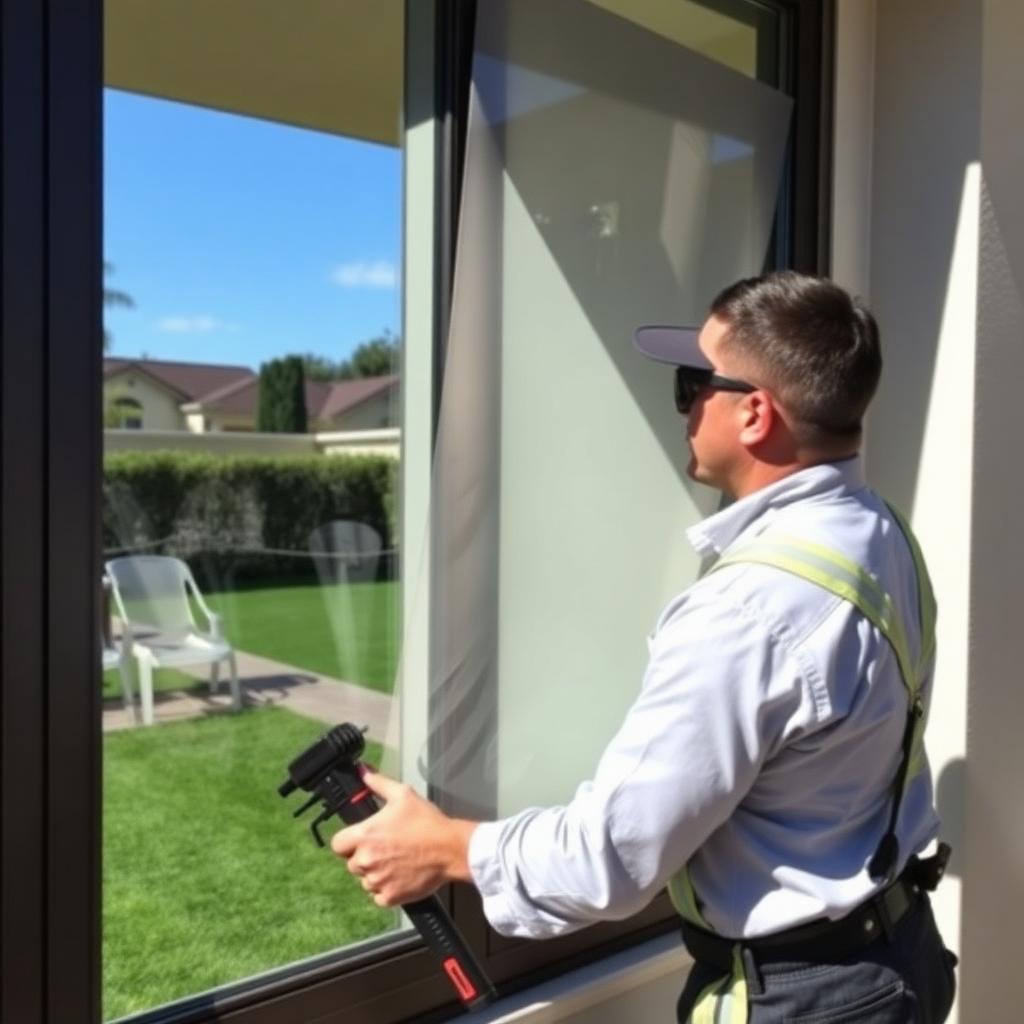 Professional installer applying turf protection window film to the exterior of a residential window in Los Angeles