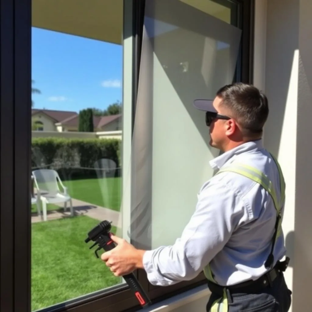 Professional installer applying turf protection window film to the exterior of a residential window in Los Angeles
